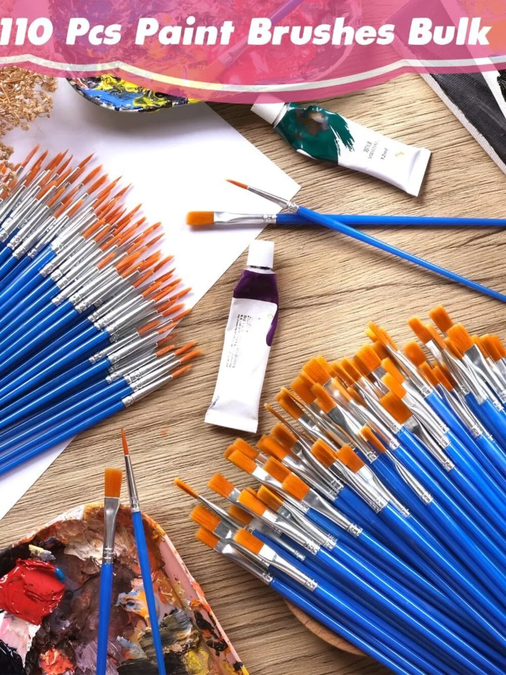Small Paint Brushes Bulk, 110 Pcs Flat Tip Round Acrylic Paint Brushes for Kids